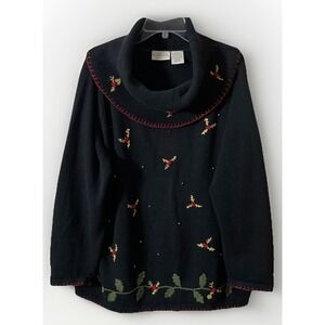 Vintage Basic Editions cowl neck embroidered holly & gold beads tunic sweater XL
